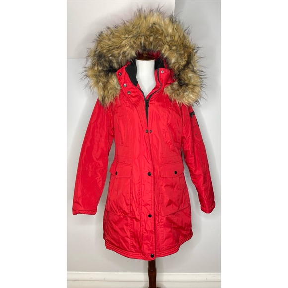 Madden Girl Red Parka Hooded Fur Winter Jacket - Picture 1 of 10